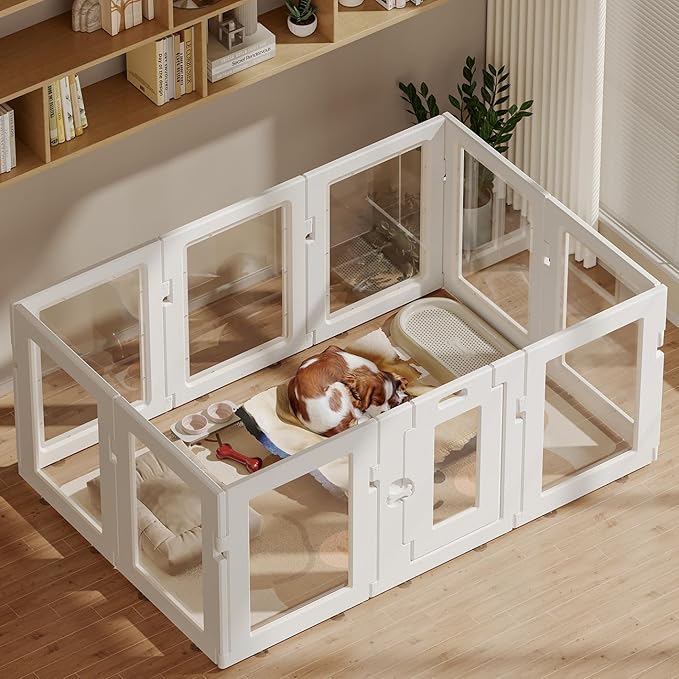 Clear Acrylic Dog Playpen Indoor, Puppy Cat Small Pet Play Pen, Easy Assemble & Disassemble Sturdy Plastic Dog Fence with Heavy Duty Door Lock (24In H, 10PCS), White