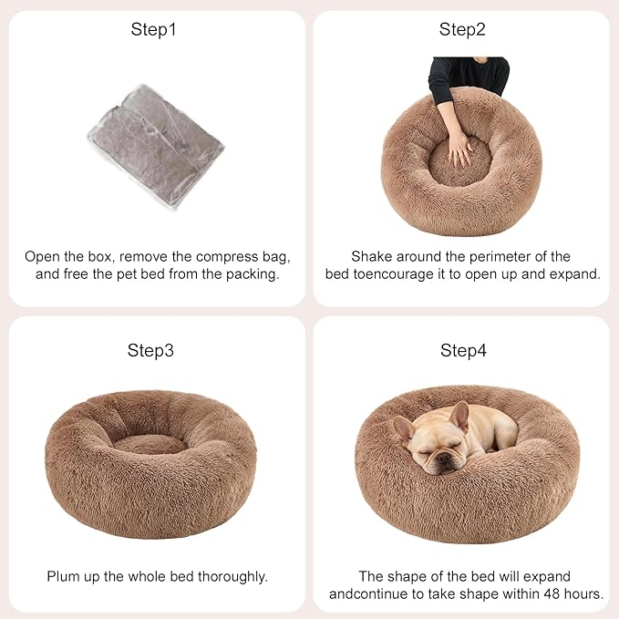 Dog Calming Beds for Small Medium Large Dogs - Round Donut Washable Dog Bed, Anti-Slip Faux Fur Fluffy Donut Cuddler Anxiety Cat Bed(28" Khaki