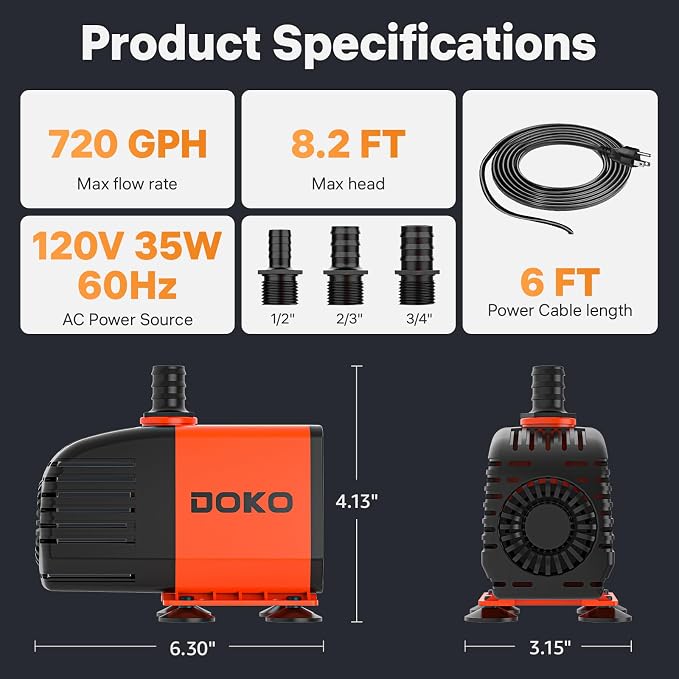 Doko Submersible Water Pump,720GPH Aquarium Water Pump with Extended Mesh Cover and Sponge,Ultra Quiet Pond Pump with 6Ft Power Cord for Fountains,Fish Tanks,Hydroponics,and Waterfalls