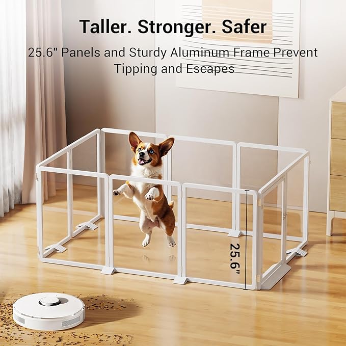 Clear Acrylic Pet Playpen, 25.6" H Transparent Dog Fence with Support Feet, Sturdy & Stylish Indoor Enclosure for Puppy, Cat, Rabbit, Easy to Assemble & Clean