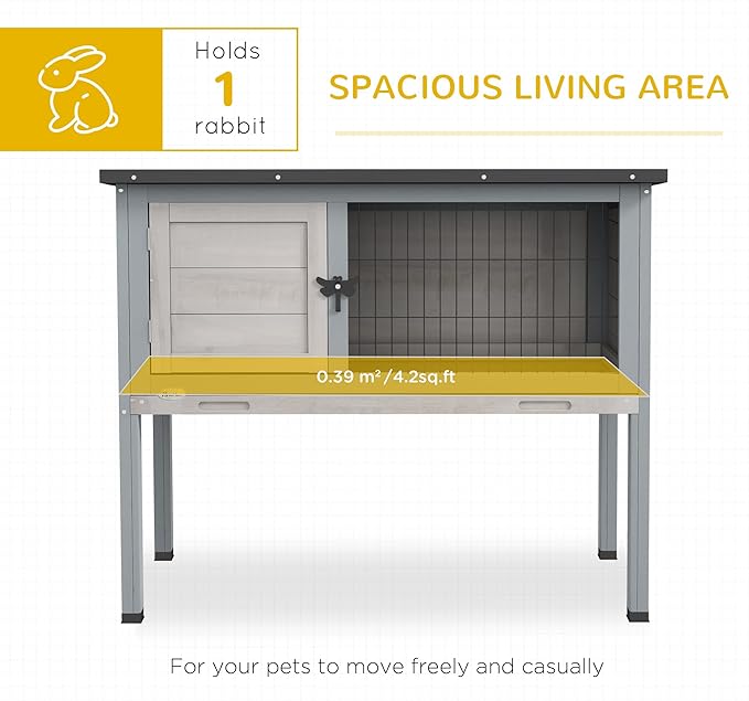 PawHut Elevated Wooden Rabbit Hutch, Indoor/Outdoor Bunny Cage with Hinged Asphalt Roof and Removable Tray for Guinea Pig, Light Gray