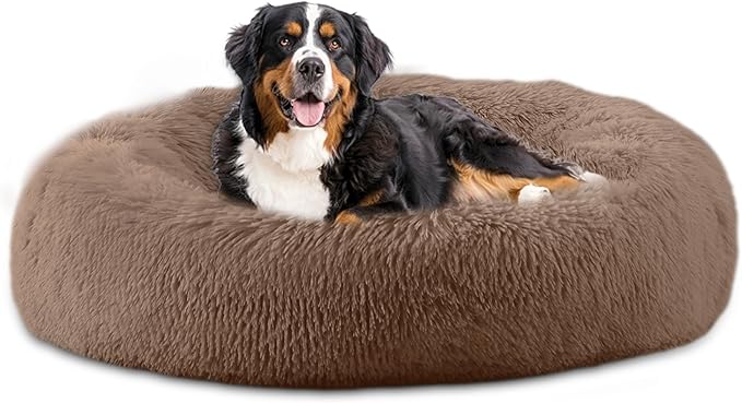 Bunlitent 46'' inch Calming Dog Bed, Plush Anti-Anxiety Donut Dog Bed for Large Dogs, Warming Cozy Soft Cute Round Washable, Marshmallow Cuddler Nest Pet Bed, Brown