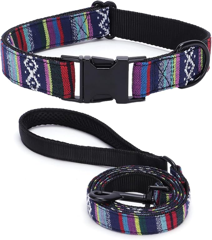 Dog Collar and Leash Set for Dogs Walking Bohemia Ethnic Style | Soft Durable Nylon Adjustable Collar with Metal Buckle 5ft Matching Leash with Padded Handle for Small Medium Large Dogs
