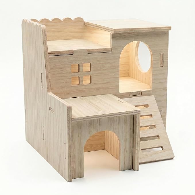 Multi-Chamber Hamster Hideout & House, Natural Wood Small Animal Cage Accessories for Dwarf Hamsters, Gerbils and Mice – Ventilated Design with Structure (Model 1)