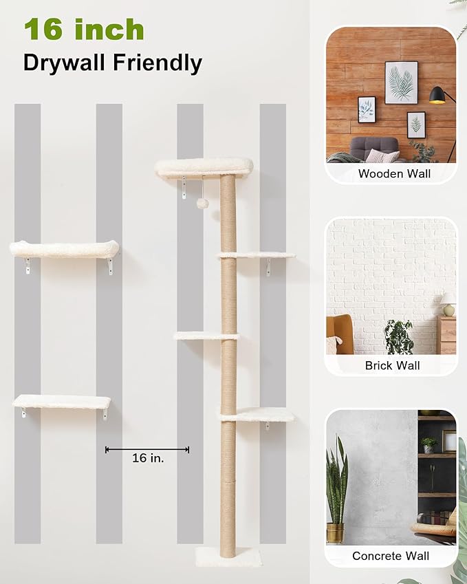 FUKUMARU Cat Wall Shelves Set, 70 Inch Stable Wall Mounted Tree, Kitten Scratching Post with Soft Cushion Perch, Space Saving Climbing Wall Furniture for 16 Inch Drywall - Beige