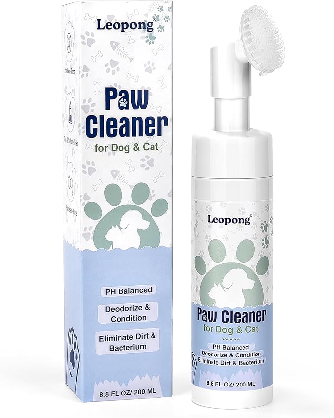 Leopong Dog Paw Cleaner & Cat Foot Wash - Gentle No-Rinse Foaming Mousse - PH Balanced Deodorizing Cleanser with Integrated Silicone Brush, 8.8 oz