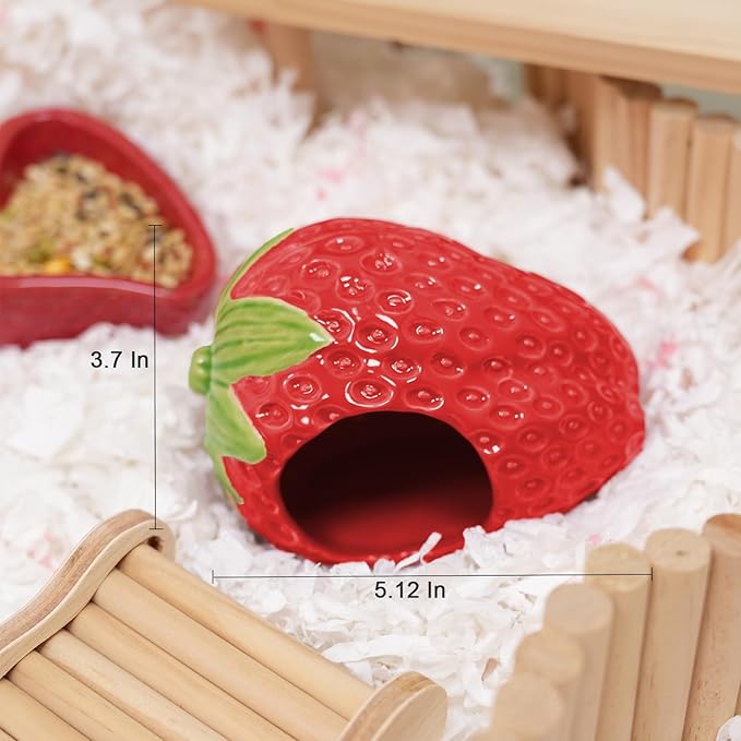 Ceramic Hamster Hideout, Strawberry Hamster House and Habitat, Syrian Hamster Hideout Decor Cool Bed for All Season Gerbil, Mice Guinea Pig