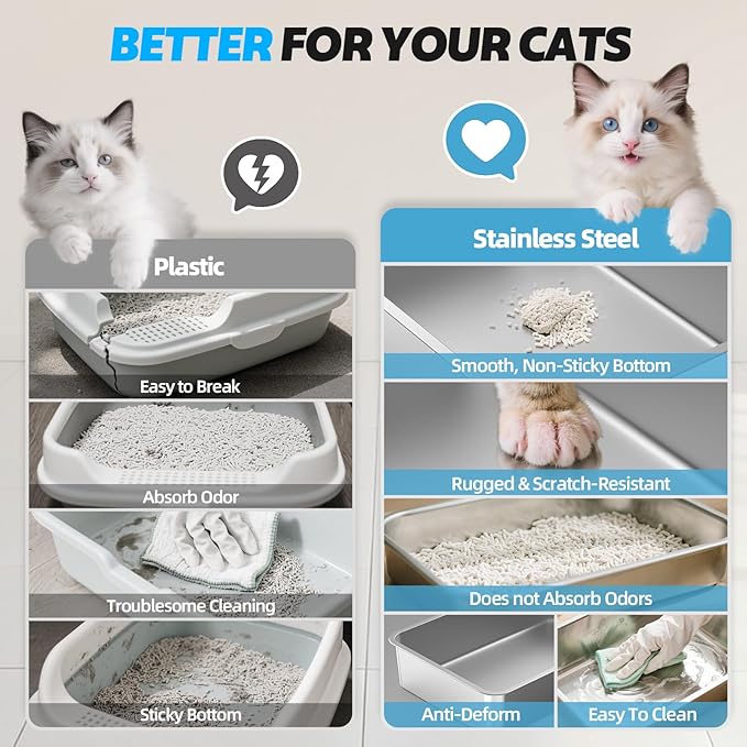WoofiGo Enclosed Stainless Steel Cat Litter Box with Lid, XL Extra Large Litter Box for Big Cats, Metal Litter Pan High Sided, Never Absorbs Odors, Anti-Urine Leakage, Include Scoop (Light Grey)