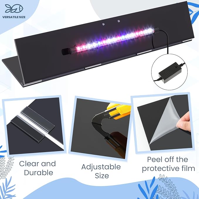 Sieral Aquarium Lids Polycarbonate Canopy with LED Light 29 x 11.38 x 0.12 Inch for 20/29/37 Gallon Without Center Brace Aquariums Cover Fish Tank Lid with a Hook Knife, Black