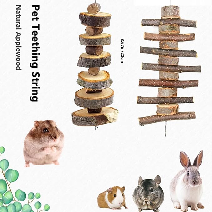 Rabbit Chew Toys, 2Pcs Bunny Chew Toys for Teeth Grinding, Natural Rabbit Toys Apple Wood Treat for Guinea, Hamsters, Pigs, Bunnies, Chinchillas, Small Pets