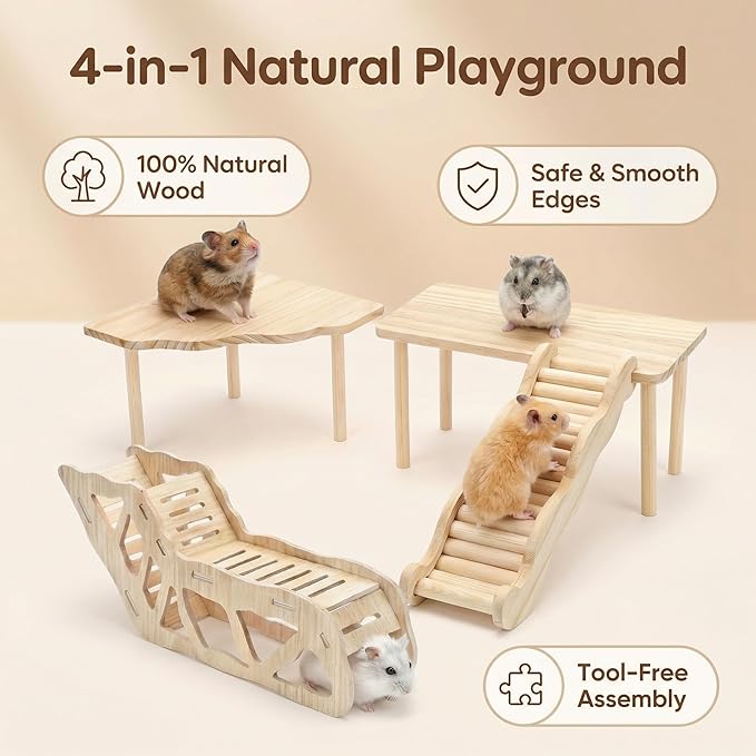 4 Pcs Hamster Platform Wooden Tunnel Ladder Hidden Play House Hamster Game Climbing Toy with Platform, Decor Toy cage Accessories for Dwarf Syrian Mice Degus Gerbils Squirrel and Other Small Pets