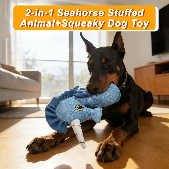 11.42" Recycled Canvas Seahorse Squeaky Dog Toy, Durable Stuffed Chew Toy for Puppy Teething, Interactive Play for Small Medium Large Dogs