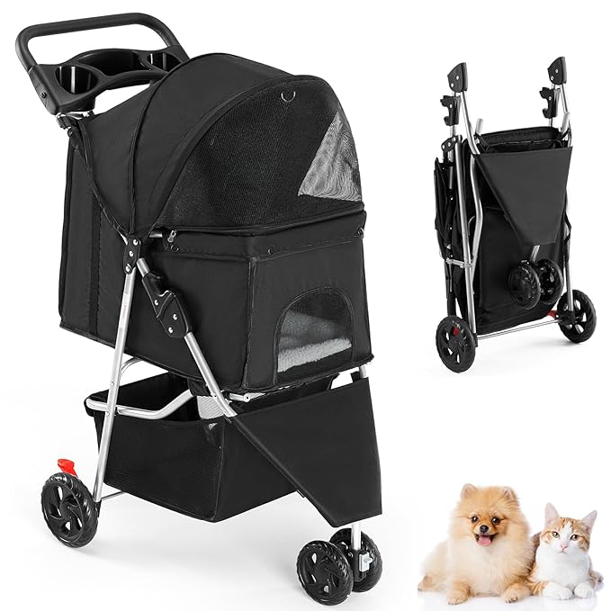 Sweetcrispy 3 Wheels Pet Stroller for Small Dogs and Cats, Foldable Dog Stroller with Mesh Windows, Storage Basket and Cup Holder, Lightweight & Durable Pet Carrier for Travel, Outdoor Use, Black