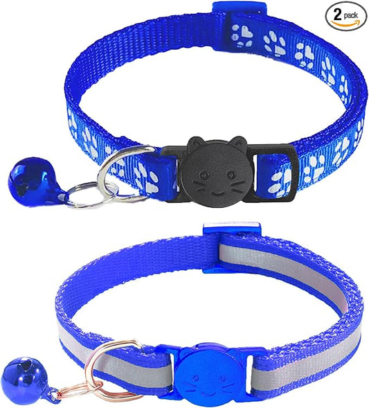 2 Pack Breakaway Cat Collars with Bells, Reflective Design and Claw Print Design, Safety Buckle Kitten Collars Adjustable from 7.5 to 12.5 Inches (Navy Blue)