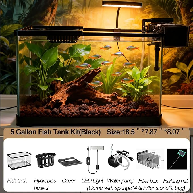 5 Gallon Fish Tank, Aquarium Plastic Starter Kit with Filter, led Light, sponge, and filter ball, Fish Tank for Betta, Plastic Nano Aquarium with Lid(18.5*7.87*8.07 inch / Black) (5 Gallon Fish Tank)