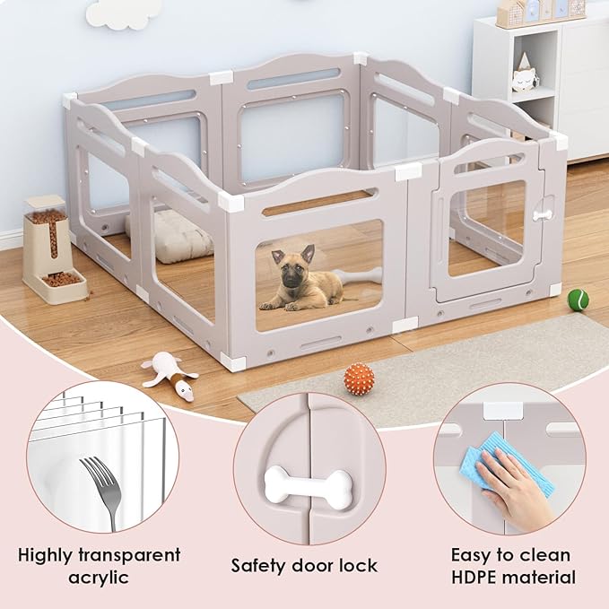Acrylic Dog Playpen Indoor, Puppy Cat Small Pet Play Pen, 50.8" L x 50.8" W x 23.6" H Clear PlayPen for Cat Rabbit Ferret, Dog Fence Crate Whelping Cage (Apricot Gray, 8 Panel)