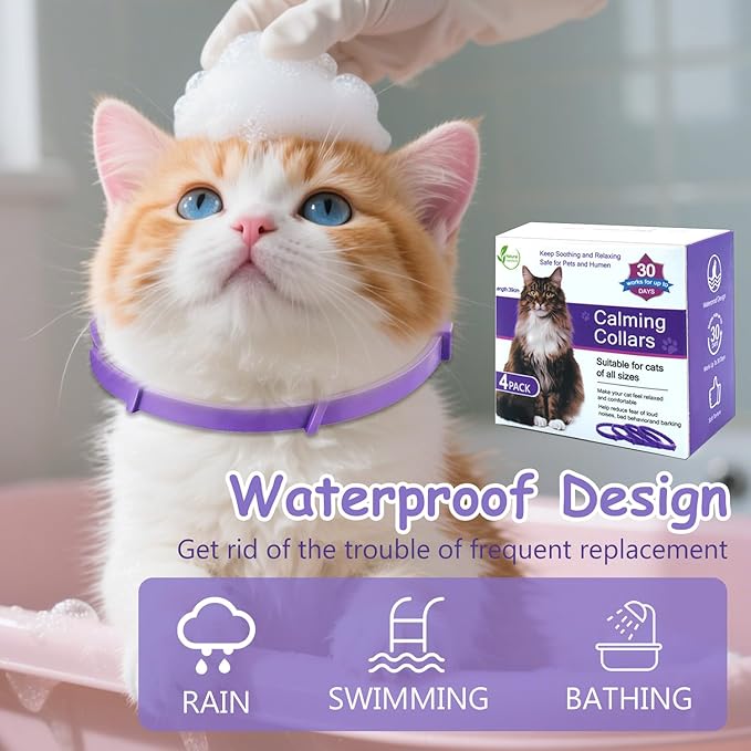 Calming Collar for Cats 4-Pack Cat Calming Collar Adjustable Soother Anxiety Relief Waterproof cat Calming Products 30-Day Stress Relief (Purple)
