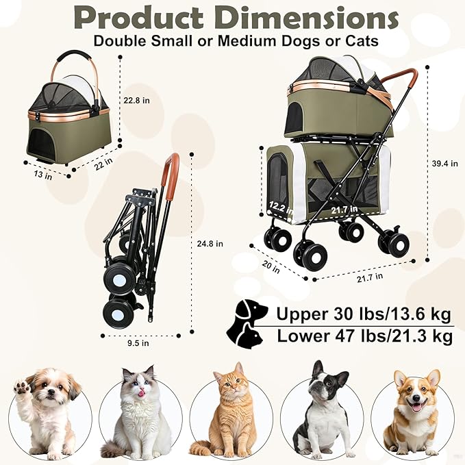 Double Pet Stroller for Dogs and Cats: Dog Stroller Foldable Travel Carriage with Detachable Carriers, Safety Belts, and 4 Lockable Wheels for Small to Medium Pets – Ideal for Multi-Pet Homes (Green)