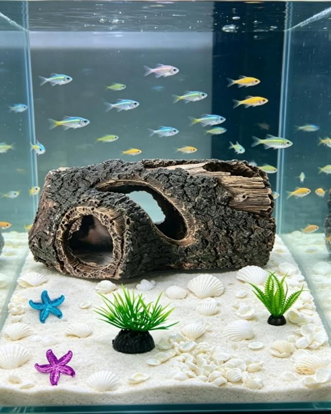 Fish Tank Decoration Set Resin Tree Trunk Hide Cave Aquarium Decoration | Betta Fish Tank Decor Artificial Starfish Some Artificial Shells Plant Ornaments Aquarium Accessories Decorations, Small