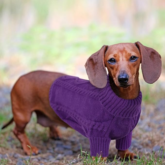 Queenmore Small Dog Pullover Sweater, Cold Weather Cable Knitwear, Classic Turtleneck Thick Warm Clothes for Chihuahua, Bulldog, Dachshund, Pug (Purple, X-Large)