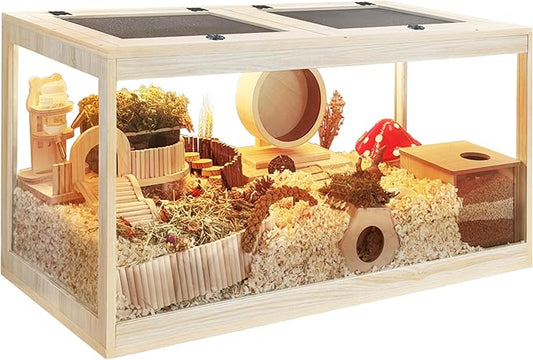 PROLEE Hamster Cage with Metal Mesh Top, Chewproof Wooden Guinea Pig Cages, Mice and Rat Habitat,Large Hamster Cages with Acrylic Sheets Solid Built (24X16X16 Inch)