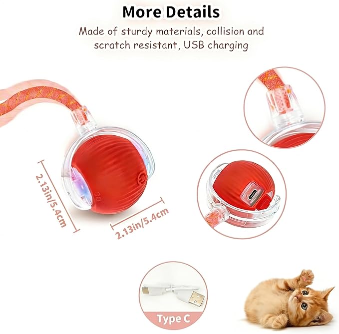 Rechargeable Smart Rolling Cat Ball, Automatic Interactive Cat Toy with 3 Modes, LED Light & 3 Replaceable Accessories, Indoor Cat Exercise Toy for Kittens & Adult Cats, for Boredom Relief Pink