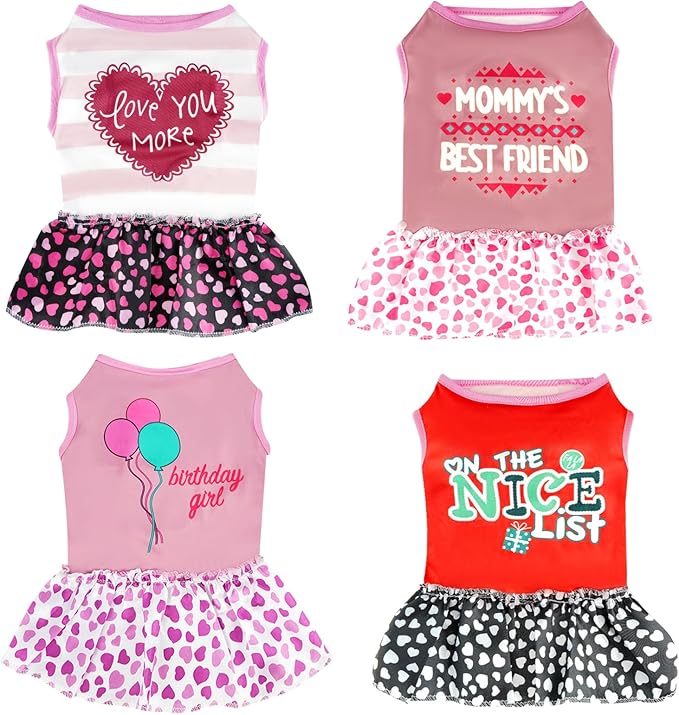 Pistha 4 Pack Adorable Girl Puppy Printed Doggy Clothes for Small Dogs - Girl Holiday Apparel Dresses(S)
