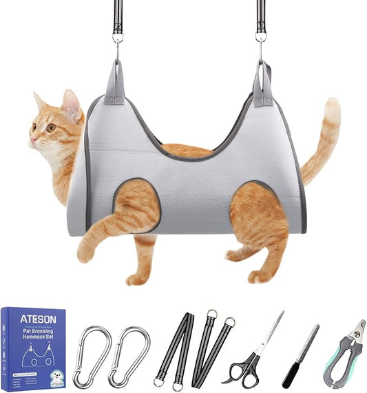 ATESON Pet Grooming Hammock Harness for Small Dogs & Cats Nail Trimming, Dog Sling for Cutting Nails, Dog Hanging Holder Hanger with Nail Clippers, Nail File, Scissors