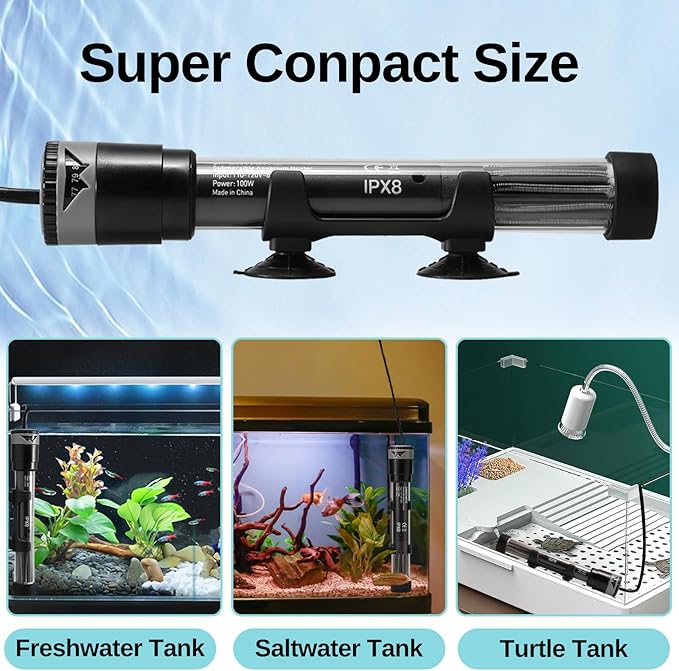 SainSmart XpertMatic Aquarium Heater Submersible, Fish Tank Heater 100W Adjustable Thermostat with Suction Cup, for Marine Saltwater and Freshwater, Up to 20 Gallon Fish Tanks