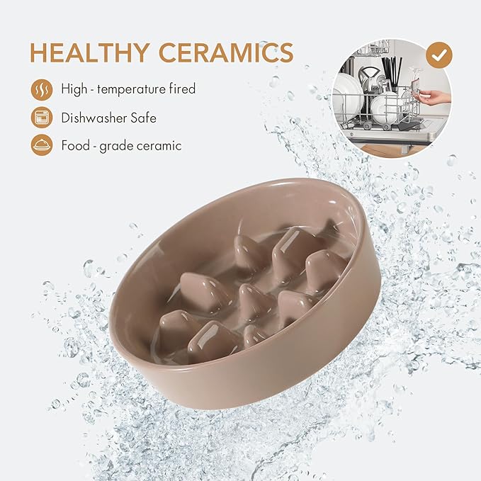 Havniva Ceramic 1.2 Cup Dog Bowl Slow Feeder, 7.3 inch Slow Pet Food Dish for Medium and Small Dog, Stop Bloat, Stop Bloat, Preventing Choking(Single Bowl, Brown Coffee)