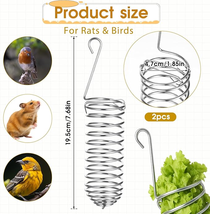 2Pcs Rat Enrichment Toys Stainless Steel Bird Food Holder Rat Parrot Foraging Toy Hanging Rodent Toy Fruit Vegetable Holder Puzzle Toys Slow Feeder Parakeet Foraging Mice Cage Accessories