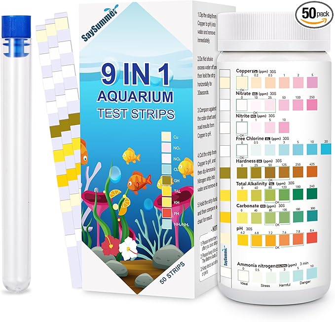 Aquarium Test Strips for Fish Tank: 9 in 1 Aquarium Ammonia Test Strips for Fish Tank - 50 Counts Aquarium Water Test Kit Testing Ammonia Nitrogen, Copper, pH and More