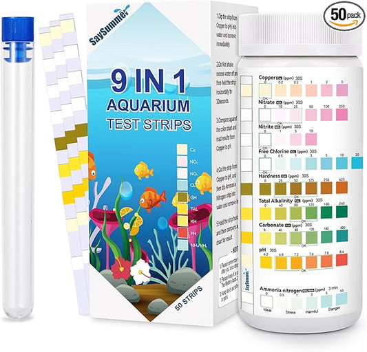 Aquarium Test Strips for Fish Tank: 9 in 1 Aquarium Ammonia Test Strips for Fish Tank - 50 Counts Aquarium Water Test Kit Testing Ammonia Nitrogen, Copper, pH and More