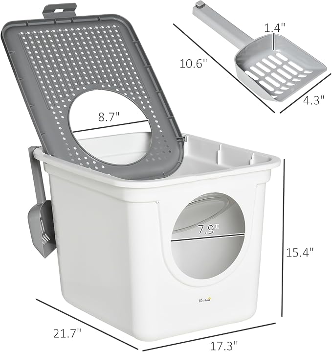 PawHut Cat Litter Box with Lid, Covered Kitty Litter Box with Front Entrance, Top Exit, Scoop, Easy Cleaning Cat Toilet for Odor Control, Privacy, White