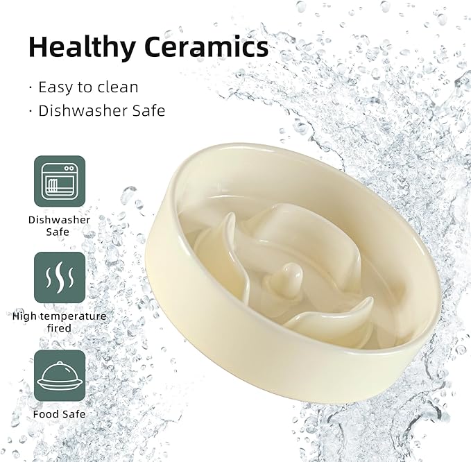Havniva Ceramic 0.9 Cup Raised Dog Slow Feeder Set, Elevated Bowl with Wooden Stand for Small Dog and Cat, 6.1inch Puzzle Slow Dog Food Dish, Anti-Gulping(Light Yellow, Single Bowl+ Stand)