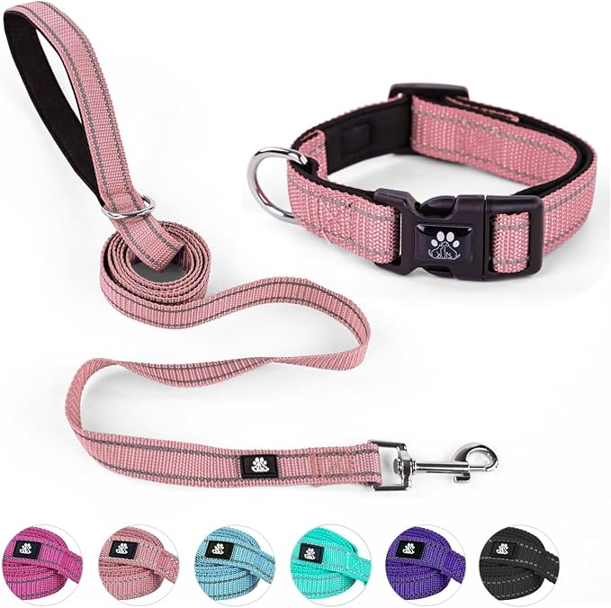 NESTROAD Dog Collar and Leash Set,Reflective Dog Collars with Quick Release Buckle,Adjustable Nylon Pet Collar for Small Medium Large Dogs(Small,Pink)