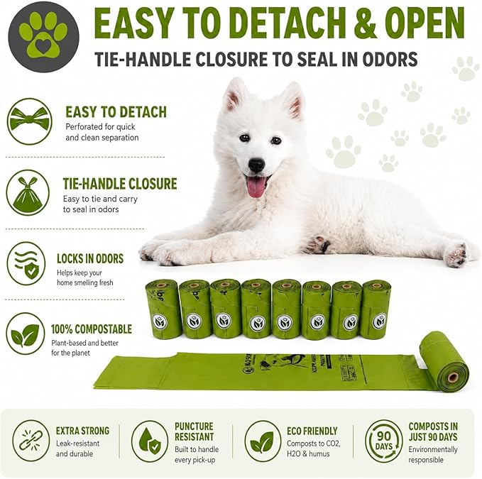 100% Compostable Handle-Tie Doggy Poop Bags (240 Bags) 16 Refill Rolls Plant-Based Cornstarch ASTM D6400 & EN 13432 Compliant HOME Certiified Compostabel Pet Dog Waste Bags (240 ct.)
