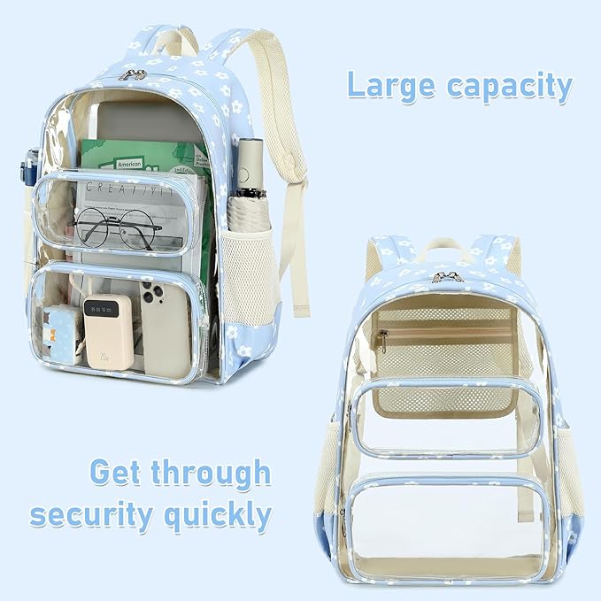 CAMTOP Clear Backpack Heavy Duty Transparent Bag See Through BookBag for Student School Work Festival Sport Travel (Blue Flower)