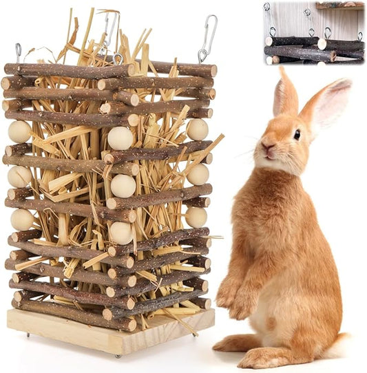 Eorbow Wood Rabbit Hay Feeder, 7" Hanging Grass Holder with 2 Hooks, Small Animals Feeding Hay Manager for Cage, Bunny Hay Feeder Rack for Chinchilla Guinea Pig Hamster Gerbil