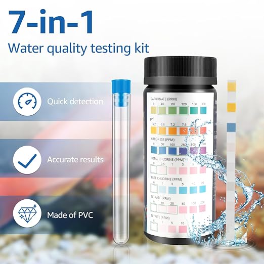 100Pcs Aquarium Test Strips, Water Testing Strips for Carbonate Root 7 in 1 Fish Tank Test Kit pH Hardness Total Chlorine Free Chlorine Nitrate Nitrite with Test Tube Fast Accurate Aquarium