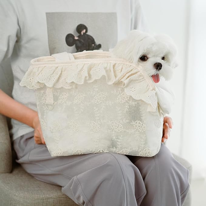 ONECUTE Dog Carrier for Small Dogs Rabbit cat with Lace Design, Cotton Bag, Dog Carrier Soft Sided, Collapsible Travel Puppy Carrier (Beige, 13" L x 6.7" W x 10.6" H)