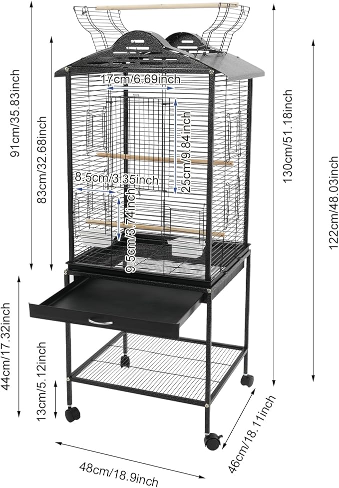 Large Playtop Bird Cage with Rolling Stand, 48 Inch Metal Frame Bird Habitat with Skylight Door & Pull-Out Tray for Cockatiel Budgie Lovebird Sun Conure