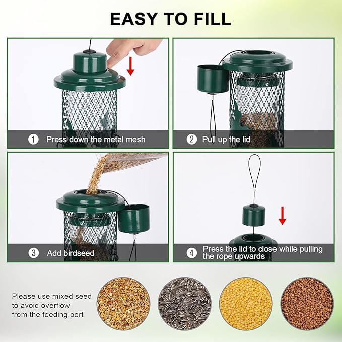 Gbekery Squirrel Proof Bird Feeder for Outdoors Hanging, Metal Mesh Bird Feeder for Outsides with Gravity Protection for Small Birds, Weatherproof and Durable, Green