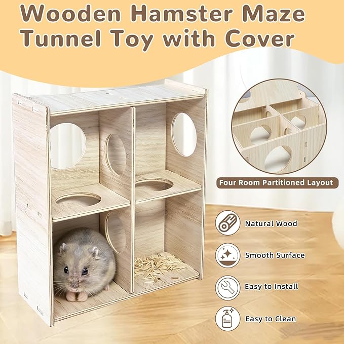 kathson Wooden Hamster Maze Tunnel Toy with Cover, Wooden Hamster Hideout Multi Chamber Exploring Toy Small Animal Tubes & Tunnels for Gerbil Rat Mice