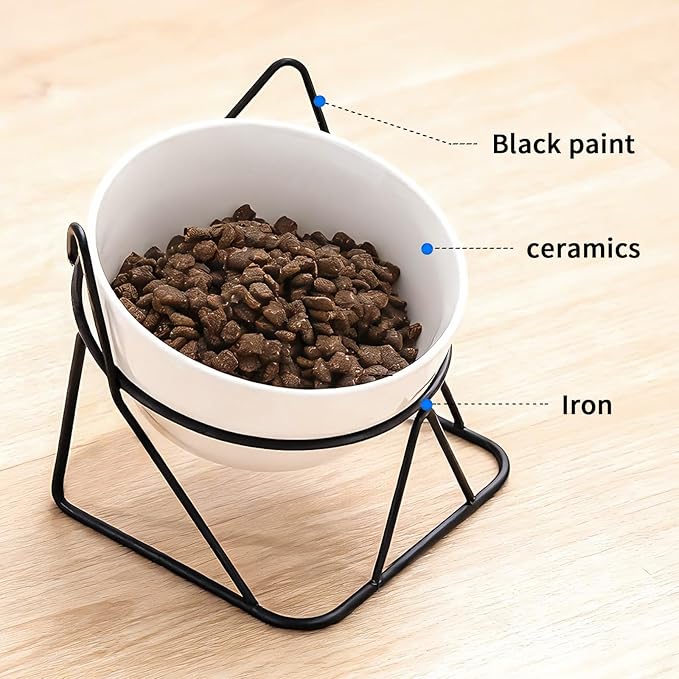Elevated Cat Food Bowl,Ceramic Raised Water Bowl for Indoor Cats, 15°Tilted Metal Stand Anti Vomiting and Protect Spines,Whisker Fatigue Feeding Dishes,Non-slip and Dishwasher Safe