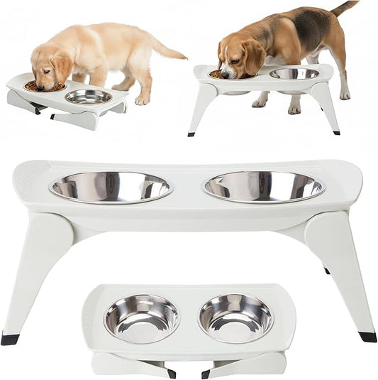 MalsiPree Elevated Dog Bowls for Small Dogs - 6.5" Raised Dog Bowl Stand with Splash Guard - Portable Folding Pet Feeding Station with 2 Stainless Steel Bowls - Dog Birthday & Adoption Gift, White