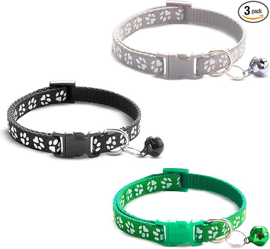 Vila Cat Collar with Bell, Reflective Adjustable Kitten Collar 7.5–12.5 Inches, Breakaway Safety Buckle, Lightweight Nylon Collar for Cats & Small Pets, 3-Pack (Green, Gray, Black)