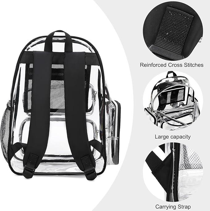 CAMTOP Clear Backpack Heavy Duty Clear Bag for Stadium Events See Through BookBag for Student School Work Festival Sport Travel (Black)
