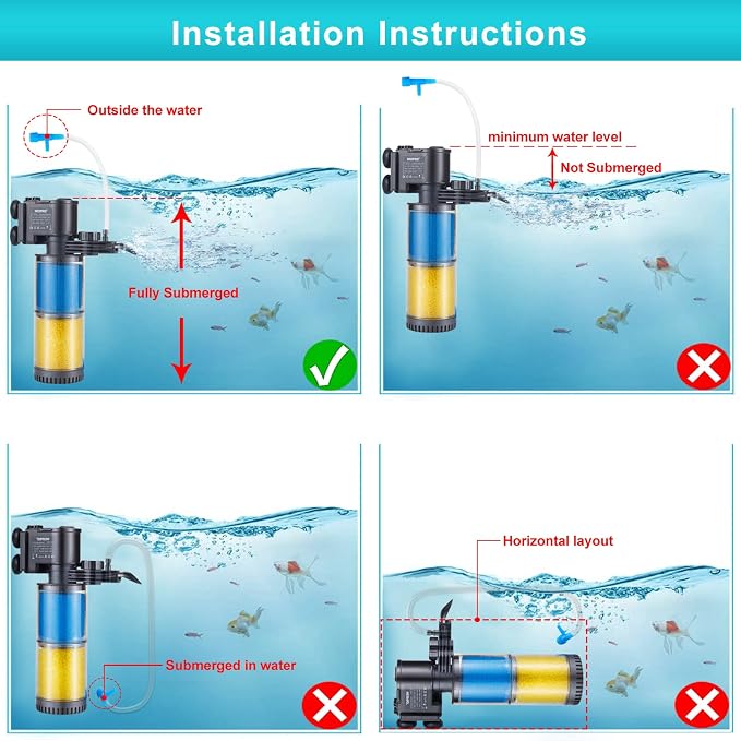 Internal Fish Tank Filter, 3-Stage Biochemical Sponge Filtration, 90GPH Adjustable Water Flow & Oxygen Submersible Aquarium Filter Pump with Aeration for 20 ~ 30 Gallon Freshwater, TH-280B(90GPH)