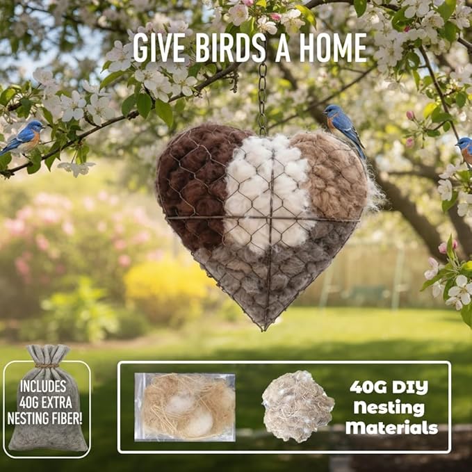 Handmade Fiber Bird Nesting Heart, Refillable Birds Haven 1 Heart Shape Hummingbird Nesting and 2 Bags of Nest Materials, Winter Fowl Gifts Animal Hummingbirds Lovers Home Garden Yard(2Set)